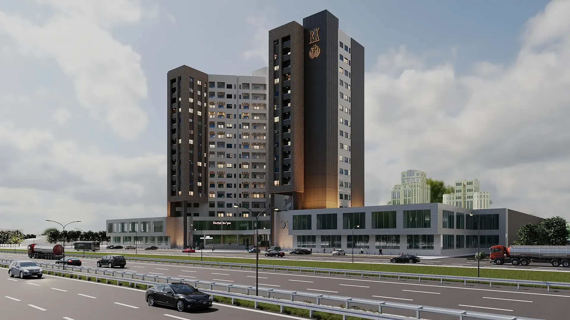 RK Plaza Sancaktepe iki bloklu projenin otoyol cephesinden mimari görselleştirmesi