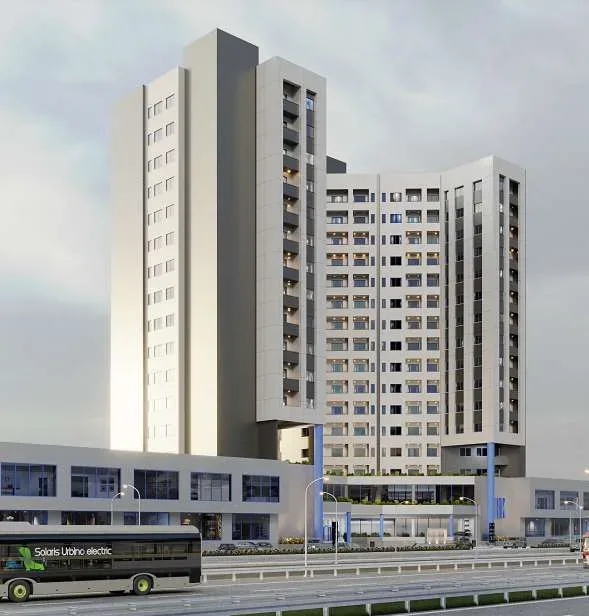 RK Plaza Sancaktepe mimari görselleştirmesi, yol cephesinden iki bloklu yapı