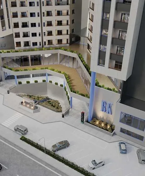 RK Plaza Sancaktepe mimari görselleştirmesi, bina girişi ve peyzaj alanı